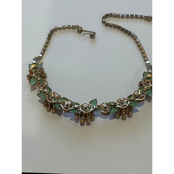 Vintage 40's Pink Purple Rhinestones Green Enamel Necklace - Picture 6 of 7